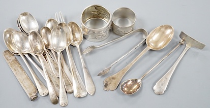 A silver napkin ring, a small quantity of assorted silver flatware and an 800 napkin ring, gross 12.5oz.